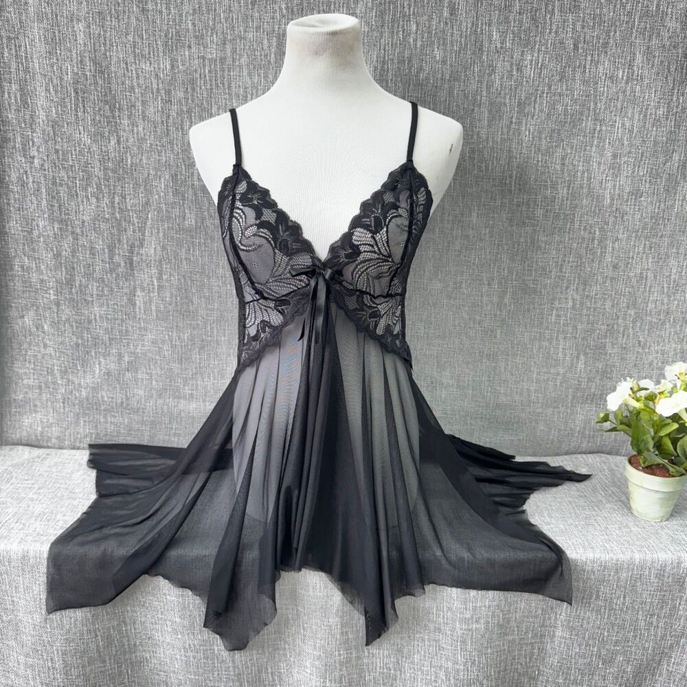 Avidlove Women's Lingerie Lace Babydoll Strap Sz large black asymmetric hem new